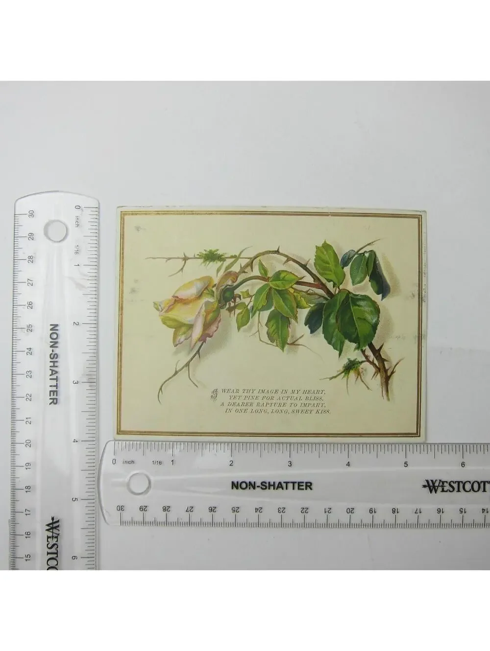 Victorian Greeting Card Valentine Yellow Rose Flower Green Leaves Poem Antique